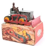 Benbros Qualitoy Caterpillar Bulldozer. In light metallic green green with red arms and blade,