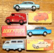 4 Dinky Toys. Vauxhall Viva (136). In metallic blue with red interior. Atlas Bus in light blue and