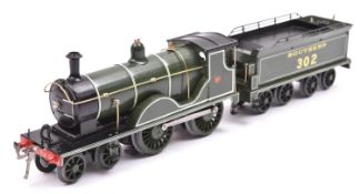 An O gauge brass/tinplate kit built Southern Railway Class T9 4-4-0 'Greyhound' locomotive, 302.