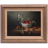 Brian Davies (1942 - 2014), oil painting on canvas. A still life with glass and bowl of cherries.