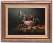 Brian Davies (1942 - 2014), oil painting on canvas. A still life with glass and bowl of cherries.