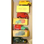 4 Dinky Toys. Morris J Royal Mail Van (260). Austin Van 'Shell' (470). Austin Van 'Raleigh