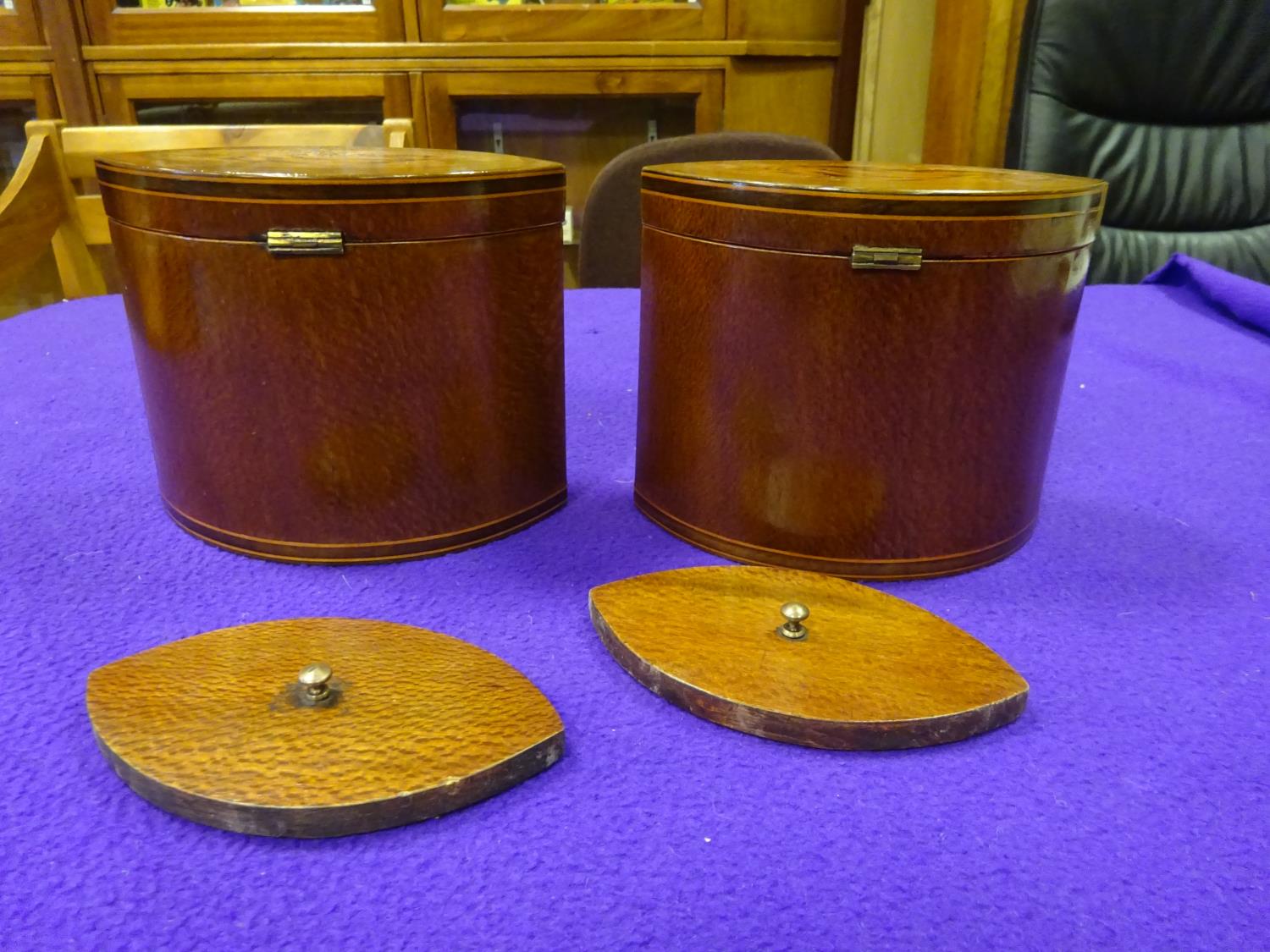 A pair of marquetry tea caddies. Decorative shells to hinged lids and flowers and stringing to - Image 4 of 5