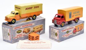 2 Dinky Supertoys. Big Bedford Van 'Heinz' (923). In red with yellow body and wheels. Together