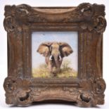 An original David Shepherd oil on canvas. A small study of an elephant walking amongst scrub.