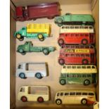 10 Dinky Toys. 3 Double Deck Buses (1 AEC & 2 Leyland). Luxury Coach. Dodge Farm Produce Wagon.