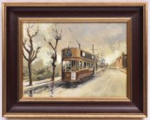 An oil painting on board, possibly of a Brighton tram, No.80 by Roy Adams. Signed in the bottom left
