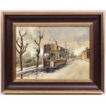 An oil painting on board, possibly of a Brighton tram, No.80 by Roy Adams. Signed in the bottom left