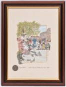 Roger Clarke, ink and watercolour drawing. Feeding Pigeons, Trafalgar Sq. London, 1956. Signed on