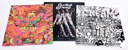 3x Cream 12" vinyl albums. Disraeli Gears, on Reaction 1967, 594003 A-1. Goodbye 1969, 583053 A-3.