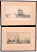 W. Wylllie, 2x Men o' War etchings of 19th Century naval battles. Both signed in the lower left