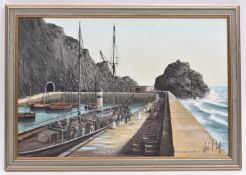 An oil painting on canvas of a harbour scene by the Cornish artist Kevin Platt. A late 1800's