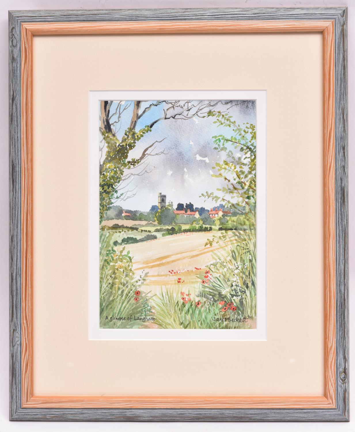 Janet Beckett, watercolour. 'A glimpse of Langham'. Signed and titled. Approx dimensions in frame