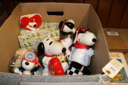 Approx 80 mostly plastic Snoopy Toys. Money boxes, Beagle Scout figures, in his night cloths with