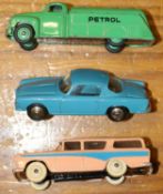 3 Dinky Toys. A Nash Rambler in pink with mid blue flash and cream wheels, with white tyres. Plus