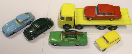 6 Spot-On. An ERF Flat Float Wagon, Jaguar 'E' Type, Austin Seven Mini, Volkswagen Beetle, Ford