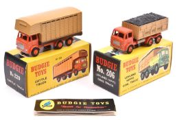 2 Budgie Leyland Hippo Trucks. No.206 Coal Truck with orange cab and chassis with fawn rear body,