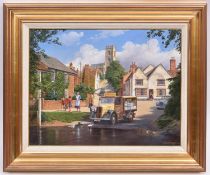 Malcolm Root, oil painting on canvas. A village scene with a Trojan milk float and Austin