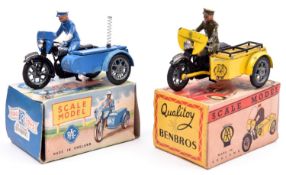 2 Benbros Qualitoys RAC Motorcycle Patrol. Comprising motorcycle and sidecar in black and blue