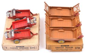 2 Dinky Toys Trade Boxes. (27B) Harvest Trailer 3-item box containing 3 Harvest Trailers in tan with