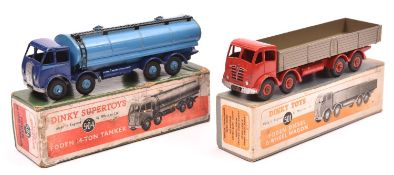2 Dinky Supertoys Foden 14-Ton Tanker (504). A DG in dark blue with mid-blue tank, flash and wheels.