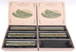 A Darstaed Trains O gauge Southern Railway 5 compartment coach set in lined green livery; 2x Full