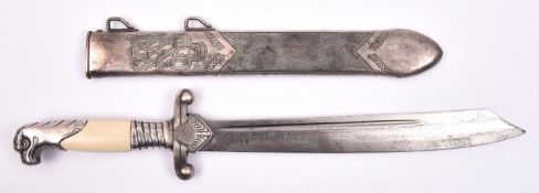 A scarce Third Reich RAD officer's dress hewer, curved blade 10¼" etched "Arbeit Adelt", original