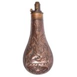 An embossed copper powder flask "Oak Leaf" (R 580, no rings), 8" with patent top, by Hawksley, GC,