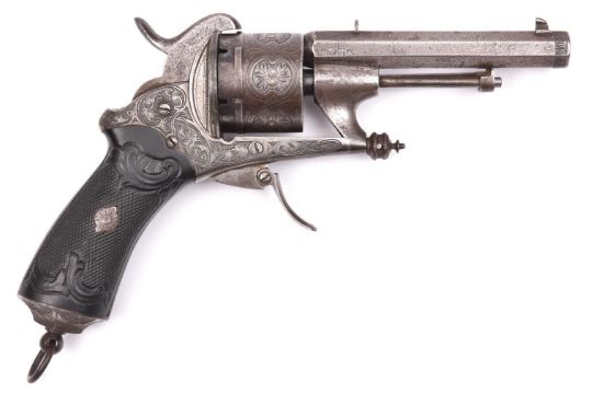A Belgian 6 shot 12mm Chamelot & Delvigne double action open frame pinfire revolver, c 1865,