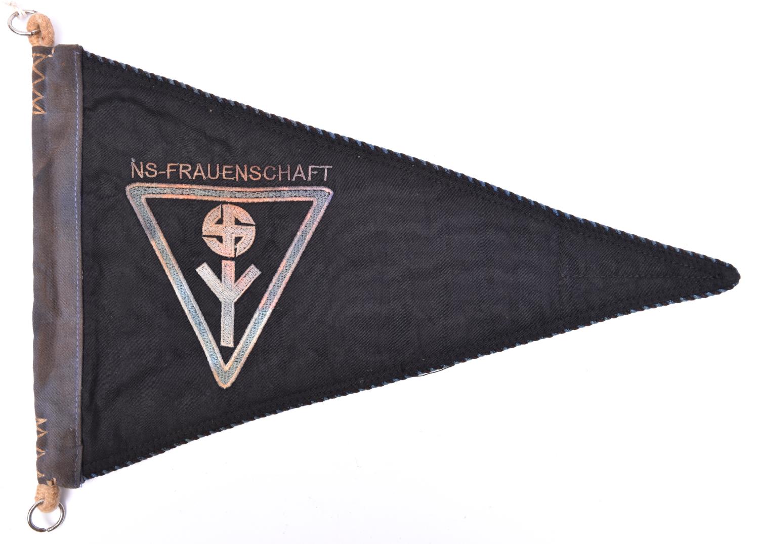 A Third Reich NS Frauenschaft Vehicle pennant, 14" x 10", black cloth with Bevo style embroidery. GC