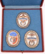 A cased set of WWII Czech pilots' badges, of gilt and enamel form, mounted in a presentation