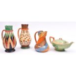 4x Myott, Son & Co. pottery items. 3x jugs and a teapot. Hand painted 1930s examples in Art Deco