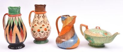 4x Myott, Son & Co. pottery items. 3x jugs and a teapot. Hand painted 1930s examples in Art Deco