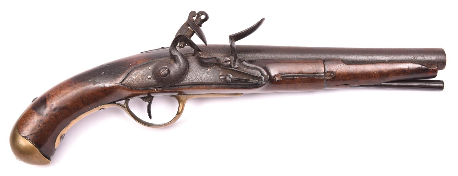 A French 12 bore (17mm) 1763/66 pattern flintlock holster pistol, 16" overall, barrel 9", the part