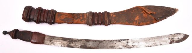 An African Malinke (Mandingo) sword, broad slightly curved blade 23", with leather covered hilt,