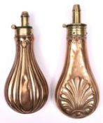 An embossed copper powder flask "Fluted" (R269, no rings), 7½" overall, with common top. GC (