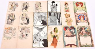 31x postcards by Raphael Kirchner etc. with Parisian and Art Nouveau themes. Including; a complete