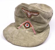 A Third Reich Army OR's field cap, of green drill material with Bevo type insignia, GC (worn and