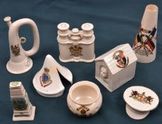 8 pieces of crested china comprising: bugle, dog in kennel, Worcester; SD cap City of London;