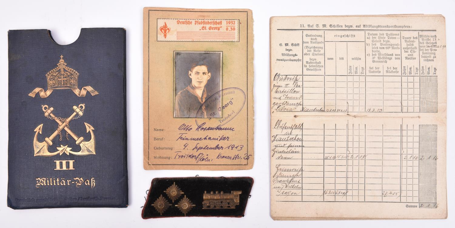 An Imperial German Naval passbook, to Josef Rosenbaum, born in 1883, joined the navy in 1902,