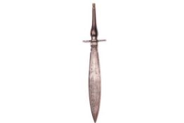 A 17th century plug bayonet, leaf shaped blade 12½", with raised rib and swollen wooden grip, flat