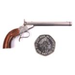 A miniature model of a Belgian rimfire saloon pistol, 3½" overall. GC £25-30