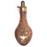 An embossed copper powder flask "Overall" (R419), 8" overall, the patent top by Hawksley with