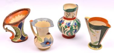 4x Myott, Son & Co. pottery jugs. Hand painted 1930s examples in Art Deco colours. Tallest 220mm.