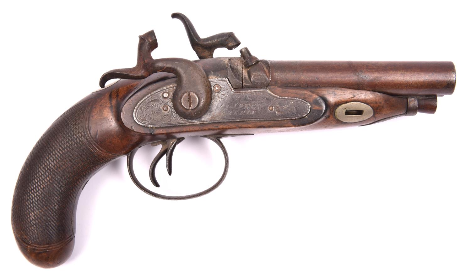 A mid 19th century double barrelled side by side 42 bore percussion pistol, 8½" overall, barrels