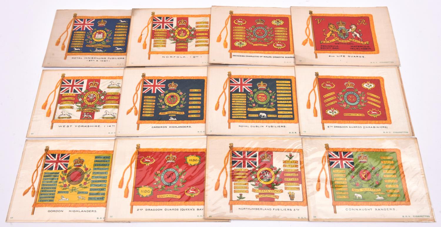 25 B.D.V. Regimental standards, printed on silk, 6½" x 5", issued with tins of 50 Cigarettes; also 3