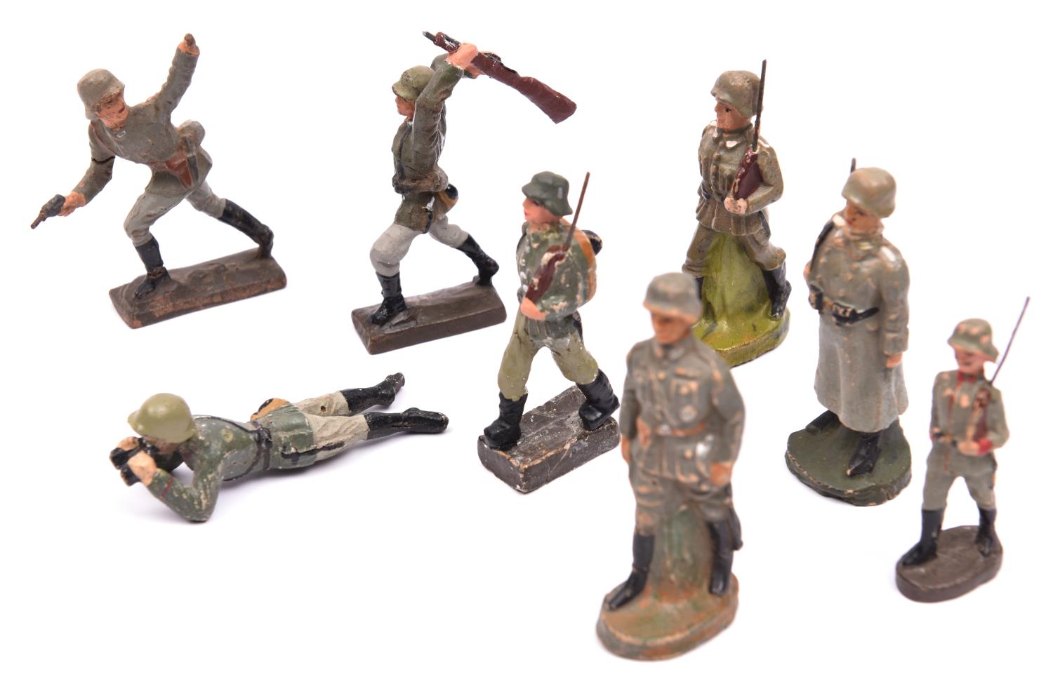 8 Lineol and Elastolin type German Infantry figures, in various poses, c 1930s. GC £40-50