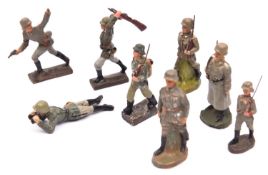 8 Lineol and Elastolin type German Infantry figures, in various poses, c 1930s. GC £40-50
