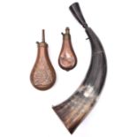 A small plain copper powder flask, 5¾", FC (very dented); a cowhorn flask with drinking cup plug,