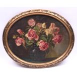 An oval oil painting on canvas of a vase with roses, with signature at the bottom "A. Hitler